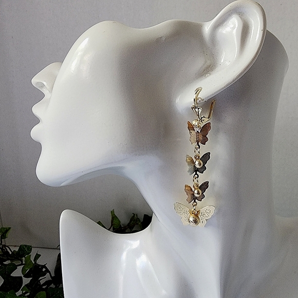 Gold Filled Tri Color Butterfly Dangle Earrings - Picture 4 of 5